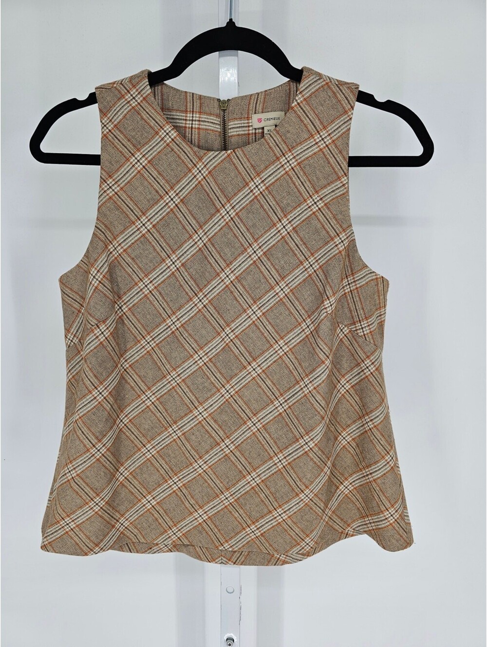 Vintage Y2K Cremieux Womens Sz XS Sleeveless Blouse Beige Plaid Academia Core